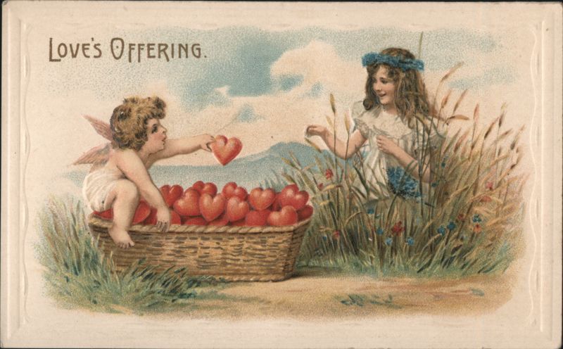 Love's Offering Cherub and Girl with Hearts