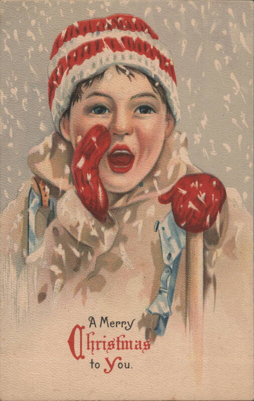 Child in Snow with Red Hat and Mittens, Merry Christmas