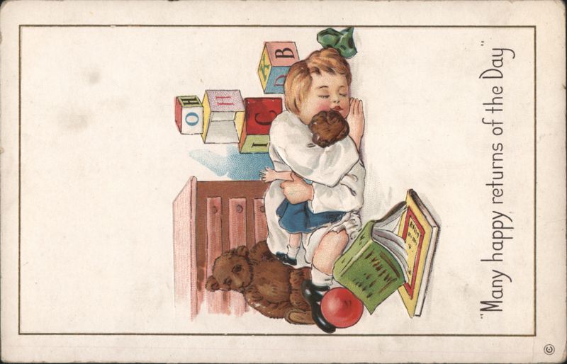 Child Sleeping with Doll and Teddy Bear, Alphabet Blocks