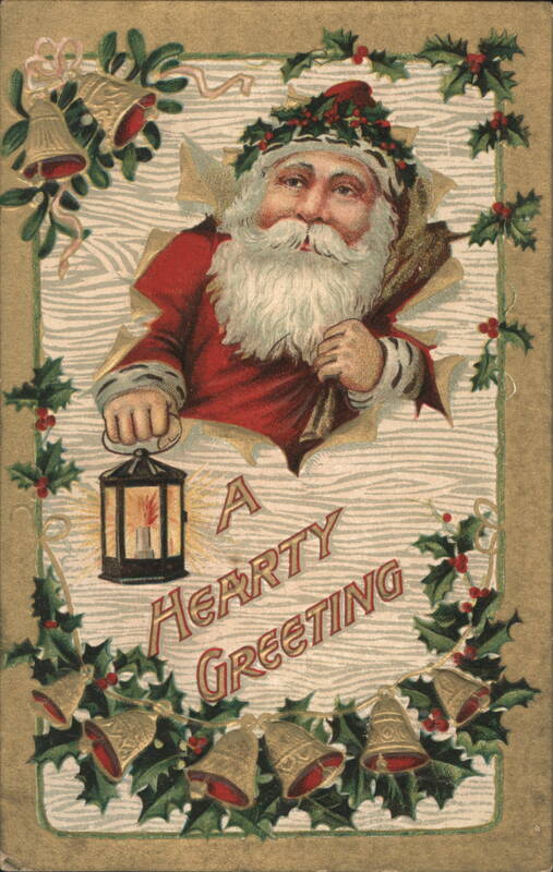 Santa Claus with Lantern and Sack, A Hearty Greeting