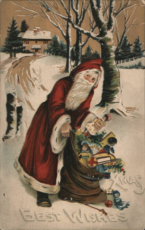 Santa Claus with Sack of Toys in Snowy Landscape, Best Wishes