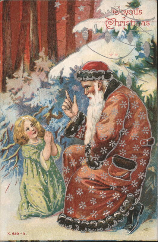 Santa Claus and Child in Snowy Forest, Joyous Christmas