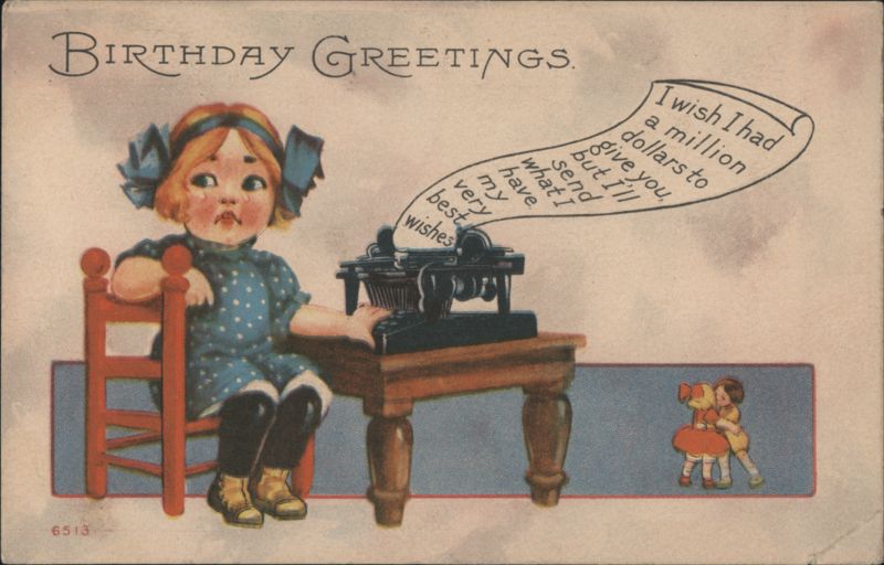 Birthday Greetings Girl Typing Best Wishes on Typewriter