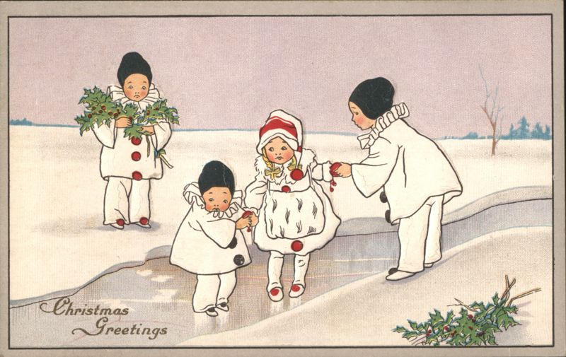 Children in Pierrot Costumes in Snowy Christmas Scene
