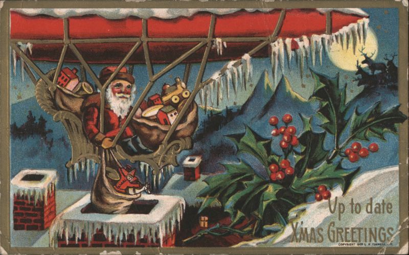 Santa Claus in Hot Air Balloon Delivering Gifts, Up to Date Xmas Greetings