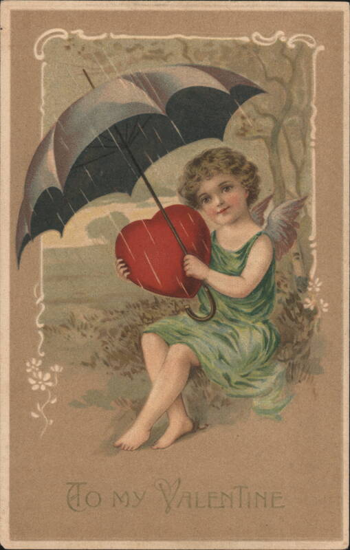 Cherub with Umbrella and Heart, To My Valentine Cupid