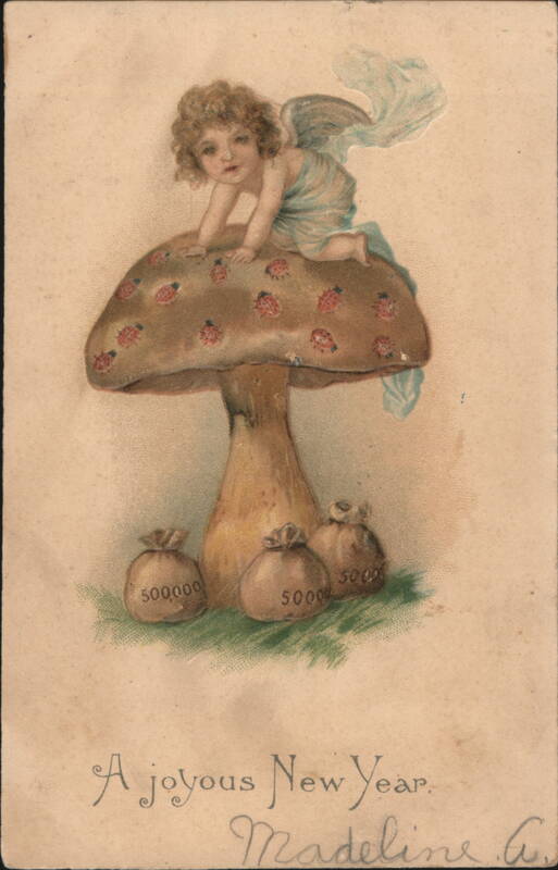 A Joyous New Year Angel on Mushroom with Money Bags