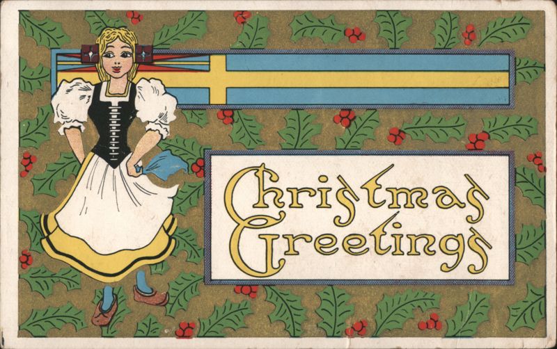 Swedish Girl in Folk Costume with Christmas Greetings