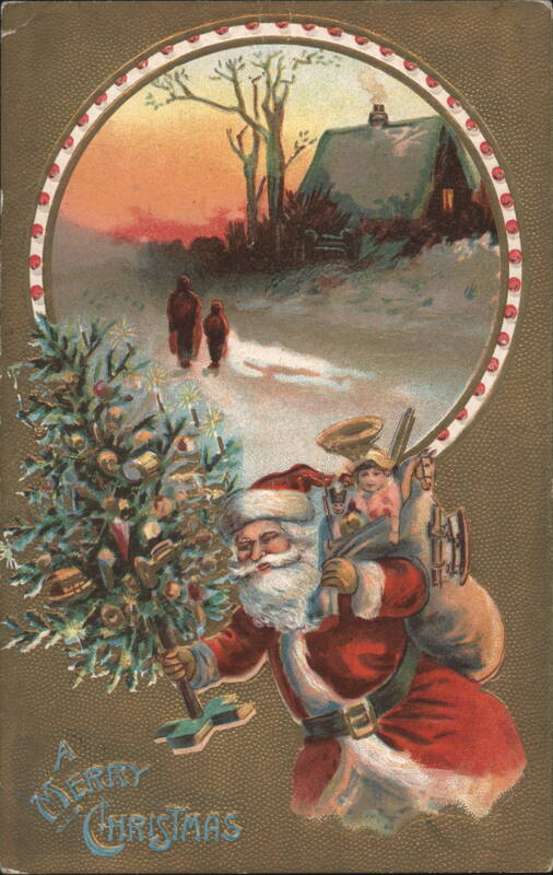 Santa Claus Carrying Christmas Tree and Toys in Snowy Landscape
