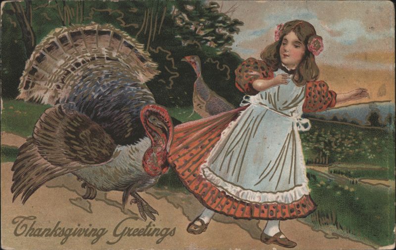 Thanksgiving Greetings Young Girl and Turkeys