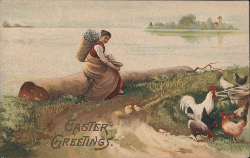 Easter Greetings: Woman with Baskets, Chickens, and Chicks by Lake