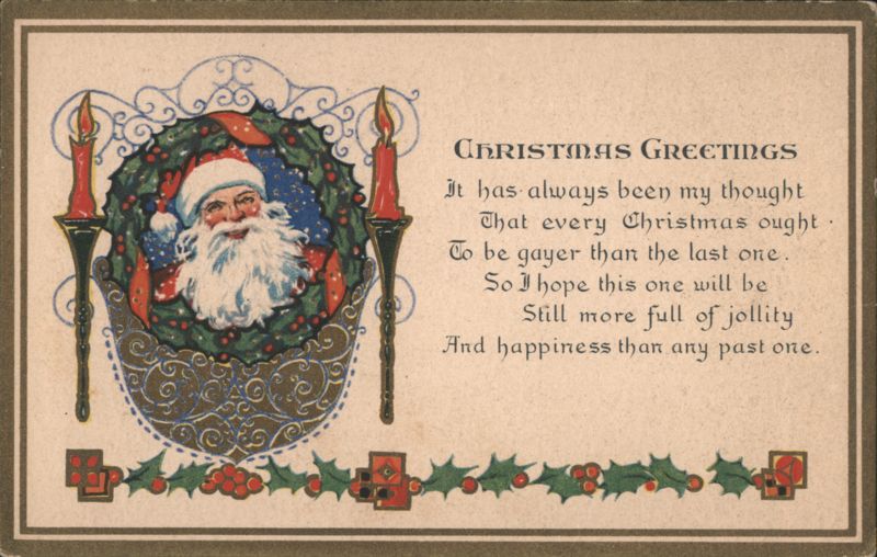 Christmas Greetings with Santa Claus in Wreath and Poem