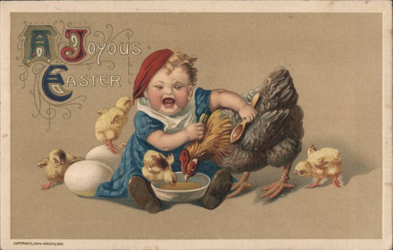 A Joyous Easter Baby Feeding Chickens and Hen Samuel L. Schmucker