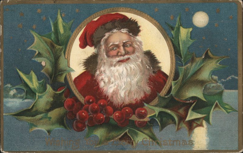 Santa Claus with Holly and Berries, Merry Christmas