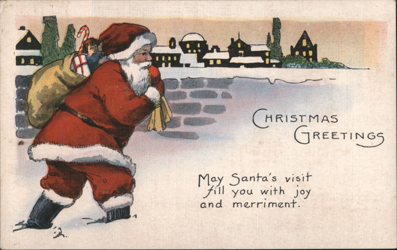 Santa Claus Walking in Snow with Christmas Greetings
