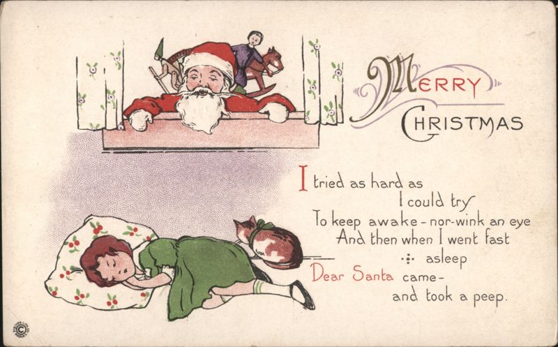 Merry Christmas Santa Claus Peeking at Sleeping Child