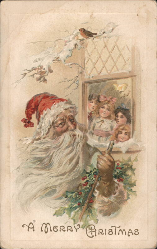 Santa Claus with Children at Window, Merry Christmas
