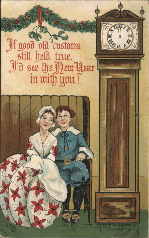 New Year's Greeting with Children, Grandfather Clock, and Poem