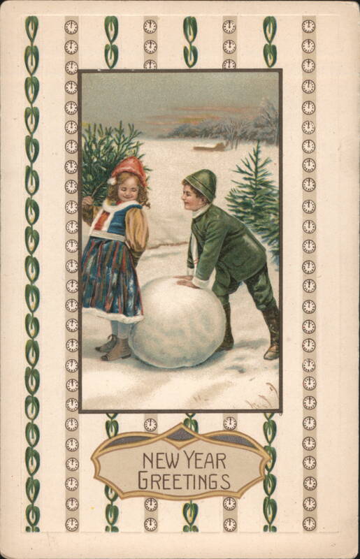 Children Building Snowman, New Year Greetings