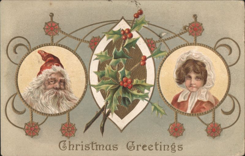 Christmas Greetings with Santa Claus, Young Girl, and Holly