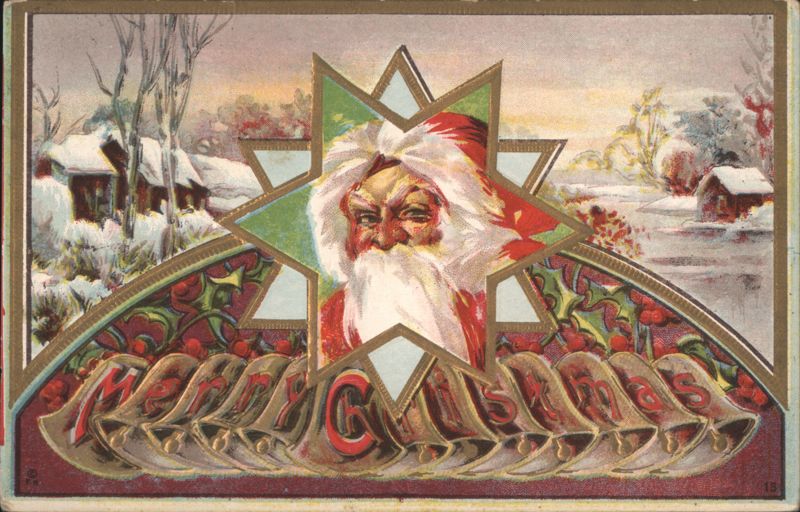 Santa Claus in Star Frame with MERRY CHRISTMAS Bells