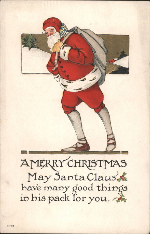Santa Claus with Pack and Christmas Greeting