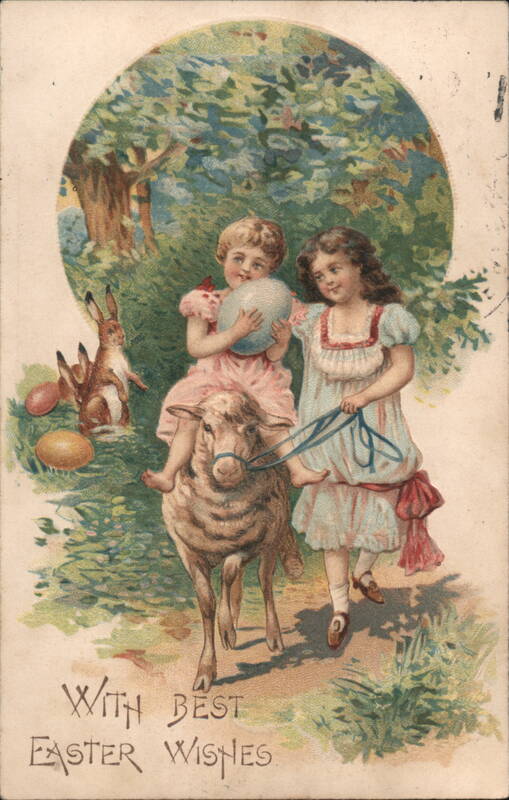 Easter Wishes with Girls, Lamb, and Rabbit With Children