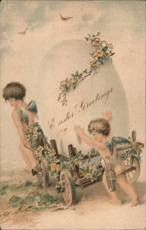 Easter Greetings with Angels Pushing Large Egg on Cart