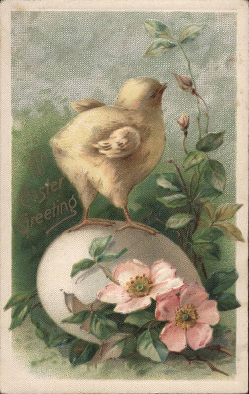 An Easter Greeting Chick on Egg with Pink Flowers With Chicks
