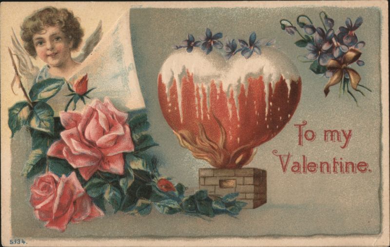 To my Valentine with Child Angel, Iced Heart, and Roses