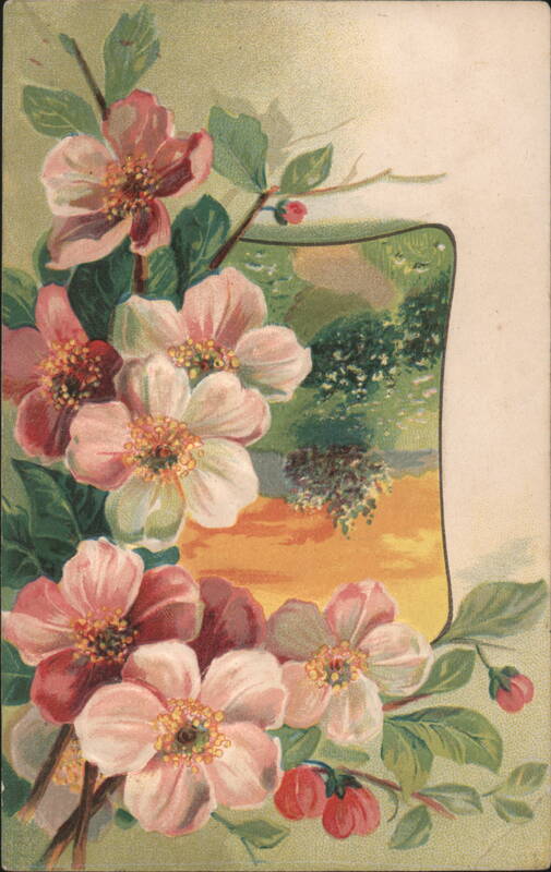 Pink and White Blossoms with Scenic Landscape Inset