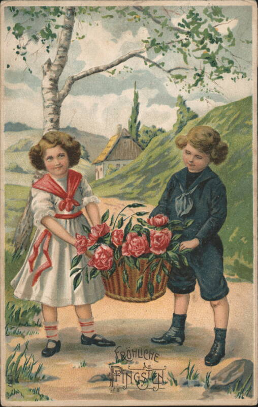 Children Holding Basket of Roses, Happy Pentecost Greeting