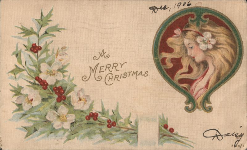 Merry Christmas Woman in Art Nouveau Frame with Holly