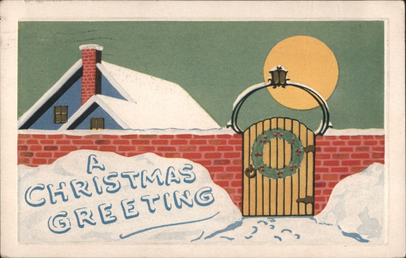 A Christmas Greeting Winter Scene with Snow-Covered House and Gate