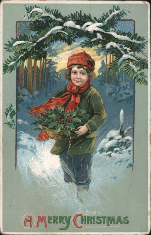 Merry Christmas Child in Snowy Forest with Holly Basket