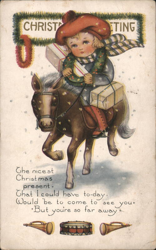 Christmas Greeting Child Riding Horse with Gifts Children