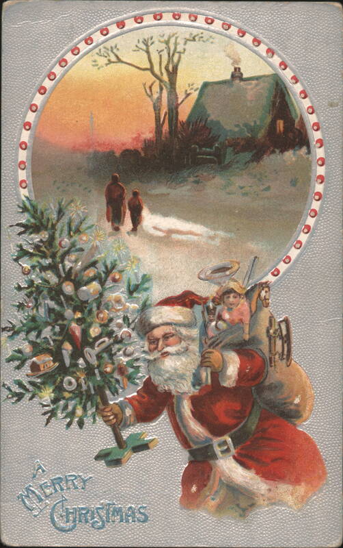 Santa Claus with Christmas Tree and Sack of Toys in Snowy Landscape