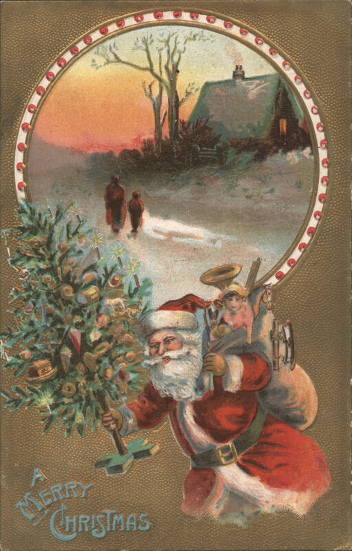 A Merry Christmas Santa Claus Carrying Tree and Toys