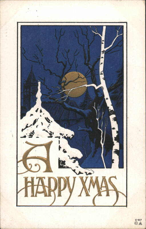 A Happy Xmas Winter Night Scene with Moon and Birch Tree