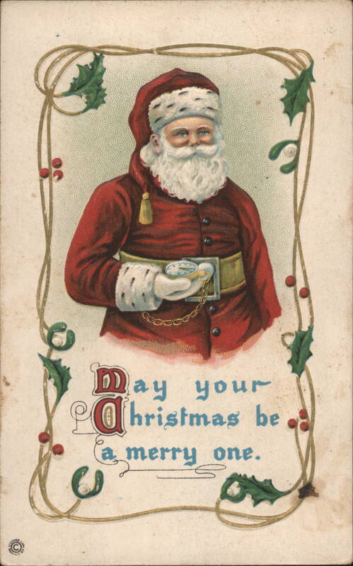 Santa Claus with Pocket Watch and Holly Frame