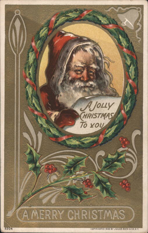 Santa Claus in Christmas Wreath with Holly, A Jolly Christmas to You