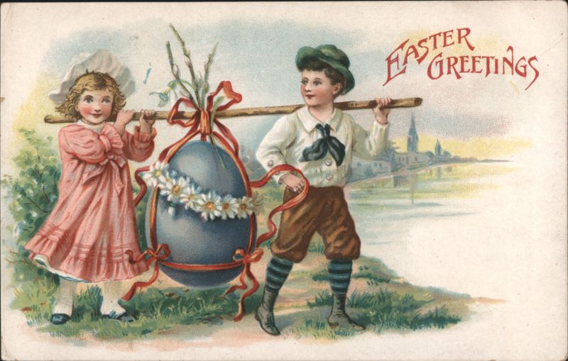 Easter Greetings with Children Carrying Large Egg