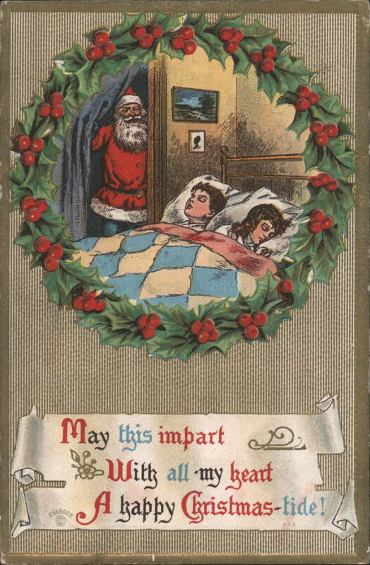 Santa Claus peeking at sleeping children, framed by holly wreath