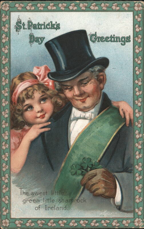 St. Patrick's Day Greetings Man in Top Hat and Girl with Shamrocks