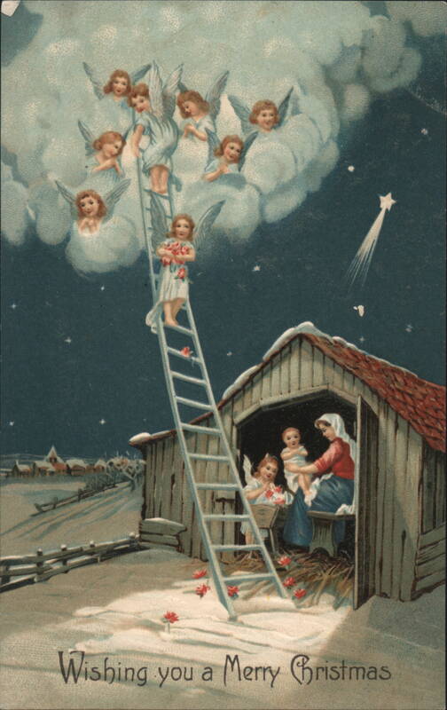 Christmas Angels Descending to Stable with Mother and Children