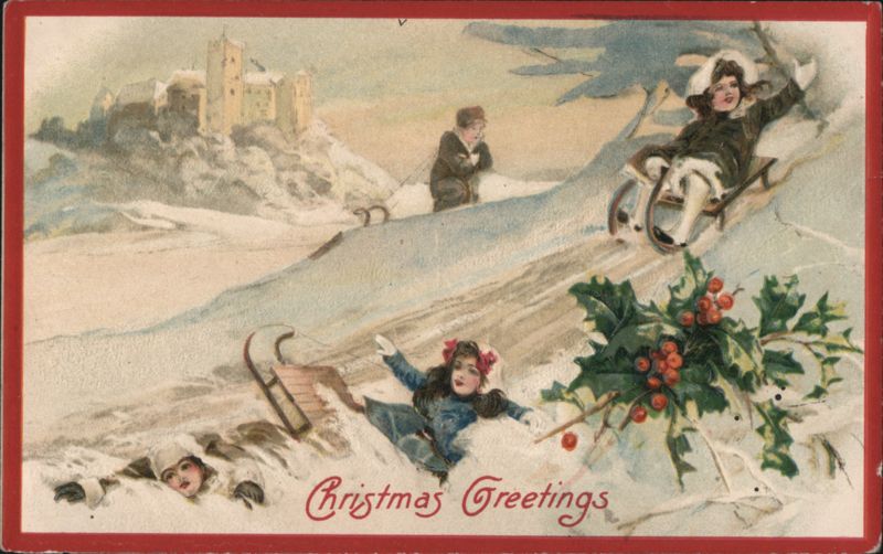 Christmas Greetings: Children Sledding in Snow with Castle