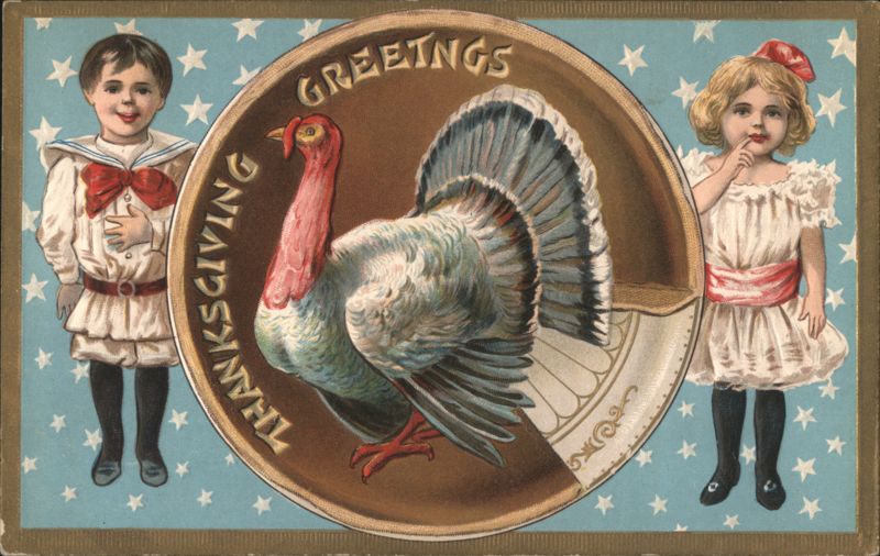 Thanksgiving Greetings with Turkey and Children Turkeys