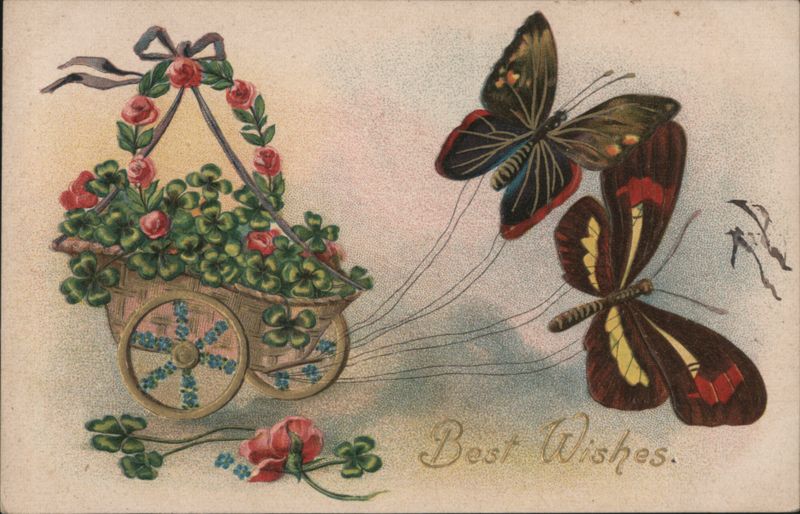 Butterflies Pulling Cart of Shamrocks and Roses, Best Wishes