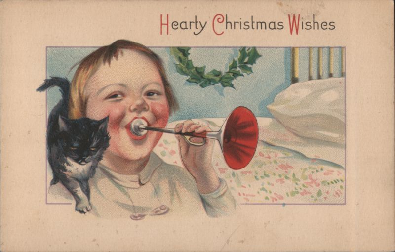 Hearty Christmas Wishes, Child with Horn and Black Cat