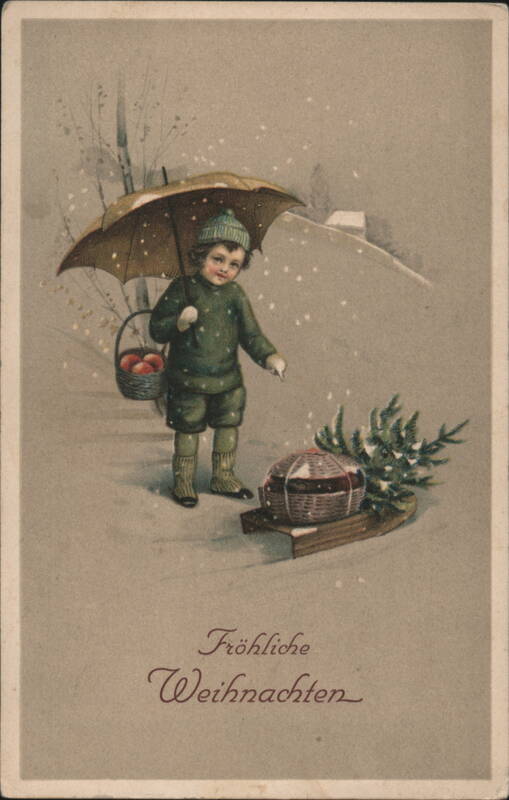 Child with Umbrella and Sled in Snow, Fröhliche Weihnachten